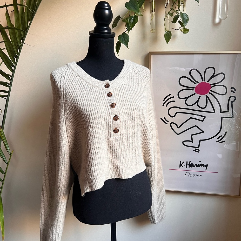 BDG Cream Button Fuzzy Sweater
